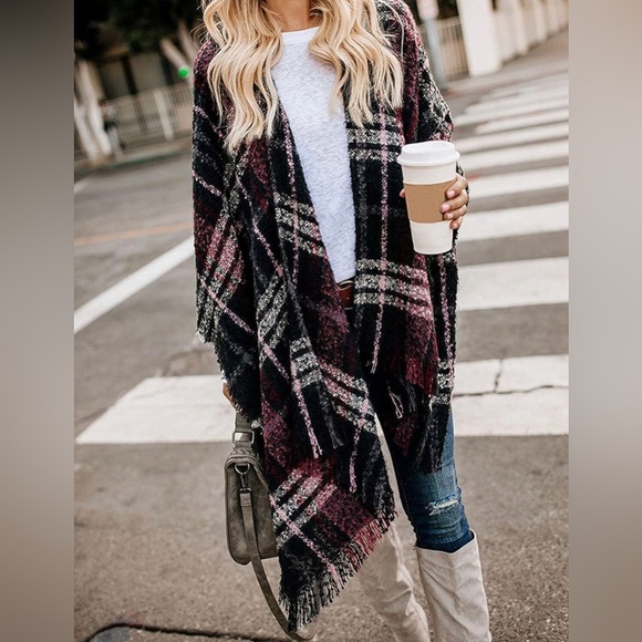 New Women Plaid Poncho Sweater Cardigan Knitted Tassel Opne Front Shawl Cape - Picture 1 of 9